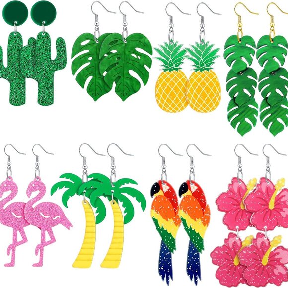 8 Pairs Summer Earrings Acrylic Dangle Hawaiian Tropical Floral Jewelry - Picture 1 of 6